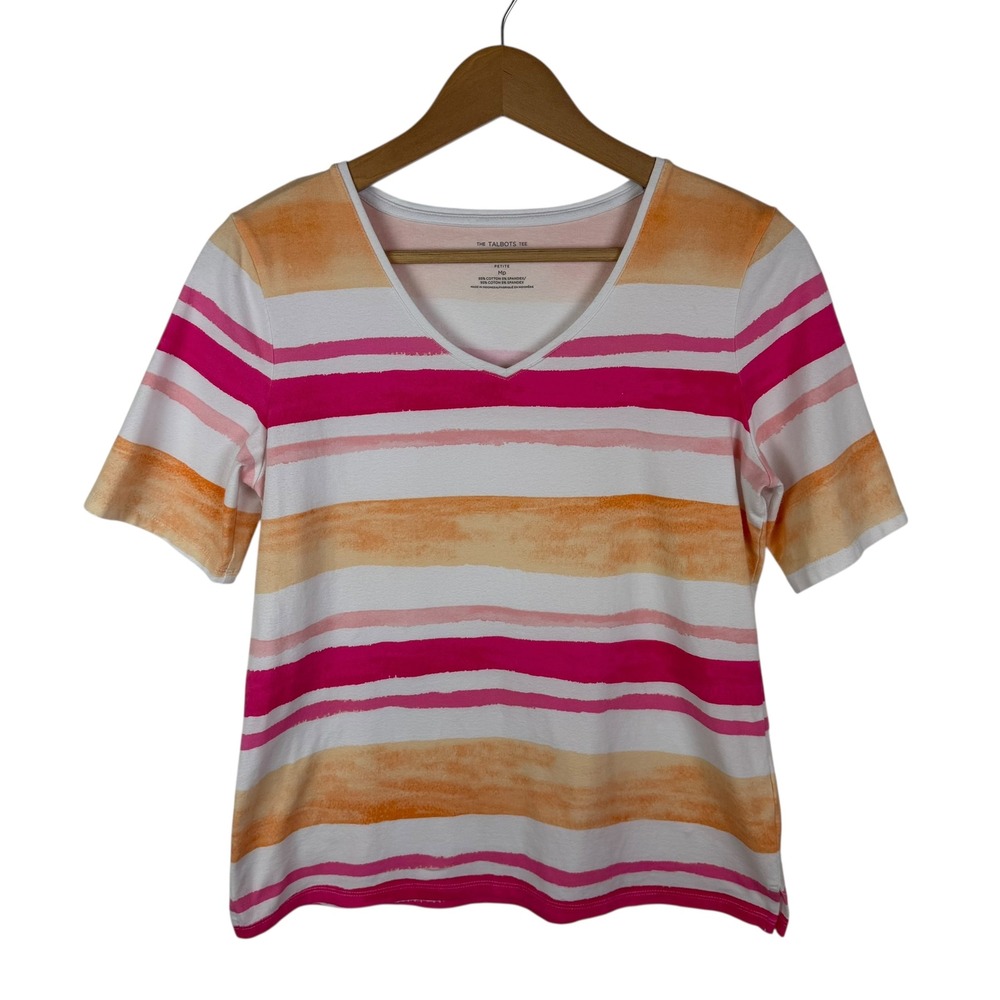 Talbots Watercolor Striped Tee Sz MP Colorful‎ Preppy Soft Stretch Comfy Coastal